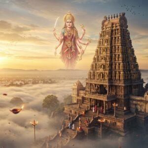 A majestic aerial view of Chamundeshwari Temple atop Chamundi Hills during golden sunset, with the temple's 40-meter-tall gopuram decorated with intricate Dravidian sculptures emerging from misty clouds. The seven-tiered pyramid structure features detailed carvings of deities in gold and deep maroon colors. In the foreground, a grand stone stairway with traditional oil lamps on either side leads to the temple entrance. Goddess Chamundeshwari appears as a divine, ethereal figure above the temple, with eight arms holding traditional weapons - sword, trident, mace, chakra, conch, bell, bow, and shield, wearing a magnificent crown and golden jewelry, emanating a soft spiritual glow. The scene includes devotees in traditional Karnataka attire climbing the steps, with Mysore city visible in the distant background. The composition incorporates elements of Hoysala architecture with modern digital art techniques, featuring a color palette of deep maroon, gold, saffron, and peacock blue. Mystical fog swirls around the temple base, with floating lotus petals and glowing diyas adding to the spiritual atmosphere. Hyperrealistic digital art style with magical lighting and atmospheric effects.