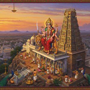 A majestic aerial view of Chamundeshwari Temple perched atop Chamundi Hills, rendered in rich Mysore painting style with modern digital aesthetics. The temple's Dravidian architecture features intricate golden details and a towering gopuram adorned with traditional Karnataka sculptural elements. In the foreground, devotees in traditional Karnataka attire perform the unique Bagina ritual, offering fruits and flowers in brass vessels. The goddess Chamundeshwari appears as a divine ethereal form above the temple, depicted with eight arms holding traditional weapons - trishul, sword, bell, damaru drum, shield, gada, bow, and arrow. She sits atop a fierce lion, wearing a red silk saree with gold border and abundant gold jewelry. The scene is illuminated by warm golden light and floating diyas, with wisps of sacred incense smoke creating mystical patterns. The surrounding landscape shows the beautiful Mysore city below with subtle purple-orange sunset hues. Intricate Mysore-style border patterns frame the scene, featuring peacocks and lotus motifs in deep maroon and peacock blue colors.