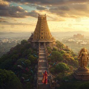 A majestic aerial view of Chamundi Hills during golden hour, with the ornate Sri Chamundeshwari Temple crown jewel-like at its peak, its traditional Dravidian architecture detailed in gold and saffron. The 1000 stone steps leading to the temple wind through lush greenery and ancient banyan trees. In the foreground, a serene Indian woman in a crimson and gold silk saree performs pradakshina, her hands folded in devotion. The scene is illuminated by warm, mystical light with rays filtering through clouds, creating a divine atmosphere. A magnificent statue of Mahishasura stands guard, crafted in traditional style. Wild peacocks roam freely in the surrounding forest. The Mysore city sprawls below in a dreamy haze, with the Mysore Palace visible in the distance. The art style combines hyperrealistic digital rendering with traditional Mysore painting techniques, featuring intricate patterns, deep jewel tones, and gold accents. Ethereal floating lotus petals and subtle mandala patterns in the sky add a spiritual dimension.