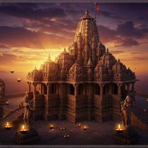 A majestic aerial view of the Kandariya Mahadeva Temple at sunset, with intricate Nagara-style architecture rendered in warm sandstone, illuminated by golden divine light streaming through clouds. The temple's distinctive spires (sikharas) rise dramatically against a deep purple-orange sky, adorned with detailed carvings of celestial beings and geometric patterns. In the foreground, beautifully detailed stone sculptures of celestial dancers (apsaras) come alive with a subtle ethereal glow. The temple is surrounded by a mystical aura with floating lotus petals and delicate mandalas. The scene features traditional Madhubani-style decorative elements in the borders, with peacock motifs and sacred geometry patterns. The lighting emphasizes the sculptural details, creating dramatic shadows that highlight the architectural complexity. Small oil lamps float in the foreground, their flames creating a warm, spiritual ambiance. The scene captures both the grandeur of Chandela architecture and its spiritual significance, rendered in a style that combines photorealistic architectural details with magical Indian artistic elements.