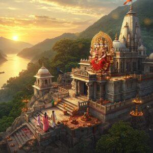 A magnificent aerial view of Chandi Devi Temple perched atop Neel Parvat, with the sacred Ganga river flowing below in golden sunset light. The temple architecture features intricate North Indian style with white marble and gold accents, surrounded by lush green forests. In the foreground, a young Indian family in contemporary traditional wear (woman in pastel pink silk saree, man in white kurta) climbing the decorated stone steps, with prayer offerings in hands. Floating diyas and marigold petals create a mystical path leading to the temple. The scene includes divine elements like peacocks, temple bells, and swirling luminescent mandalas in the sky. The main shrine shows the three-headed Chandi Mata idol emanating a soft golden glow, adorned with red silk, gold ornaments, and a flower crown. Soft mist adds ethereal quality around the temple spires, while distant Himalayan peaks are visible in the background. Style combines hyperrealistic digital art with traditional Pahadi temple art elements, using a color palette of deep maroons, saffron, gold, and emerald green with magical lighting effects.