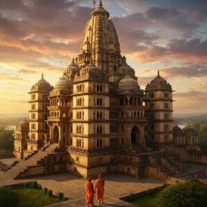 A grand aerial view of the majestic Chaturbhuj Temple in Orchha during golden hour, its towering spires reaching 344 feet into a dramatic sky filled with soft pink and orange clouds. The temple's intricate Indo-Islamic architectural details are highlighted in warm golden light, showcasing the detailed carvings, multiple shikaras, and ornate domes. In the foreground, two young Indian pilgrims in traditional attire (a woman in a flowing orange saree and a man in white kurta) stand in awe, looking up at the massive structure. The surrounding landscape features lush greenery and the Betwa River reflecting the sunset. Mystical rays of light filter through the ancient stone jharokhas, creating a ethereal atmosphere. The scene incorporates elements of Bundela architecture with detailed stone carvings of lotus motifs and geometric patterns. The lighting emphasizes the weathered sandstone texture while maintaining a dreamy, spiritual quality. Art style should blend photorealistic architectural details with ethereal Indian miniature painting techniques, rendered in rich, deep colors with gold accents and soft glowing edges.
