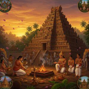 A grand ancient South Indian temple complex in Kerala architecture style with stepped pyramid-shaped gopuram adorned with intricate Dravidian sculptures, set against a mystical sunset. In the foreground, a Chera king in traditional Kerala attire with gold ornaments performs a ceremonial ritual near a sacred fire pit. Around him, Brahmin priests in white mundus conduct Vedic ceremonies. The scene features traditional Malayalam symbolism including copper oil lamps, banana leaves, and temple elephants decorated with golden caparisons. The background shows dense tropical forests and backwaters typical of Kerala. Ethereal golden light bathes the scene, with floating lotus petals and spiral wisps of sacred smoke creating a dreamlike atmosphere. The art style combines traditional Malayali mural art techniques with modern digital aesthetics, using rich colors like deep maroon, forest green, and burnished gold. Multiple small scenes depicted in circular medallions around the main image show various aspects of Chera spiritual life - Buddhist monasteries, Hindu temples, and traditional ritual performances.