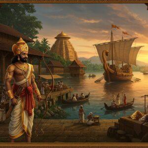 A majestic ancient South Indian port city at sunset, featuring grand Chera dynasty architecture with distinctive curved roofs and wooden structures. In the foreground, a powerful Chera king stands proudly wearing traditional Kerala-style golden mundu, elaborate crown with peacock feathers, and wielding their iconic bow and arrow. Behind him, massive merchant ships with characteristic double-masted designs dock at the bustling port of Muziris, laden with spices, gold, and precious stones. The scene includes intricate details of pepper vines, indigenous spice trade, and Roman merchants exchanging goods. The background showcases dense Kerala forests, backwaters, and mountains in Madhubani-inspired art style. The color palette features deep marine blues, royal golds, forest greens, and earthy browns. Ethereal lighting highlights the golden architecture and spice markets. The scene is framed with traditional Kerala architectural elements like carved wooden pillars and serpent motifs. Detailed patterns inspired by ancient Chera coins and temple carvings adorn the borders. Hyperrealistic digital art style with strong attention to historical accuracy in clothing, architecture, and trade elements.