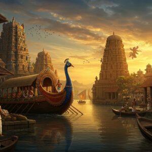 A majestic ancient South Indian port city at golden sunset, featuring towering Chera-style temples with distinctive curved roofs and elaborate stone carvings. In the foreground, a beautifully detailed traditional trading ship with peacock-head bow, laden with spices and gold. Indian merchants in traditional Tamil attire (white and gold veshti) engaging in trade. The scene includes intricate Chera-era motifs like the bow and arrow symbol, decorative tiger emblems, and pearl-laden pottery. The architecture showcases detailed stone sculptures of dancers, musicians, and traders. Rich color palette of deep blues, burnished gold, and terracotta red. The harbor features detailed maritime activities with smaller boats, while distant mountains showcase pepper plantations. Ethereal lighting highlights the architectural details and creates a mystical atmosphere. The scene combines Madhubani-style decorative patterns in the sky with photorealistic architectural details. Includes authentic period-specific elements like teak wood structures, bronze lamps, and traditional Kerala-style buildings with sloped roofs. The overall composition emphasizes the grandeur and prosperity of the Chera dynasty's maritime trade.