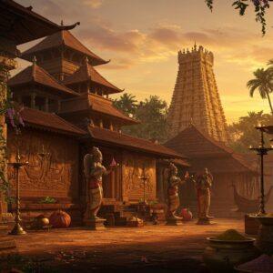 A majestic ancient South Indian port city at golden sunset, featuring a grand Chera-style temple with distinctive Kerala architectural elements, curved roofs, and bronze-plated pinnacles. In the foreground, detailed stone sculptures of dancing figures wearing traditional Chera-period attire and jewelry. The temple courtyard showcases intricate Vattezhuthu script carved on copper plates. Maritime trade scenes depicted through detailed stone reliefs showing spice-laden ships with characteristic double-masts. The scene is adorned with blooming pepper vines and cardamom plants native to Kerala. Rich color palette of deep gold, terracotta red, and forest green. The lighting creates dramatic shadows on the temple architecture, highlighting the detailed craftsmanship. The composition includes bronze peacock lamps, characteristic of Chera metalwork. The scene is rendered in a style blending traditional Keralan mural art with modern digital aesthetics, featuring intricate patterns and a dreamy, ethereal quality. The atmosphere suggests both grandeur and cultural sophistication, with hints of maritime prosperity through subtle details like silk banners and spice containers.