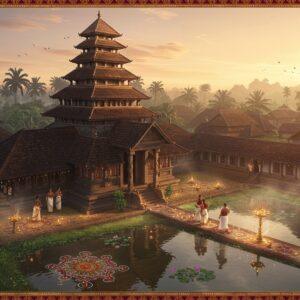 A majestic aerial view of Chettikulangara Bhagavathy Temple during dawn, with golden sunrays illuminating its traditional Kerala architecture. The temple's distinctive multi-tiered roof structure with copper sheets gleams against a pastel sky. In the foreground, intricate kolam patterns made with flower petals lead to the temple entrance. Traditional Kerala-style houses with sloped terracotta roofs and courtyards dot the surrounding landscape. A group of devotees in traditional Kerala attire (women in cream and gold kasavu sarees, men in white mundus) walk along the temple path. Floating oil lamps and lotus flowers in the temple pond reflect the warm morning light. The scene incorporates Madhubani-style decorative elements in the borders, featuring peacocks and temple motifs in deep maroon and gold. Soft, ethereal mist hovers near the ground, creating a mystical atmosphere. The lighting is warm and spiritual, with hints of saffron and deep blue in the sky. The overall composition balances traditional Kerala temple architecture with modern digital art techniques.