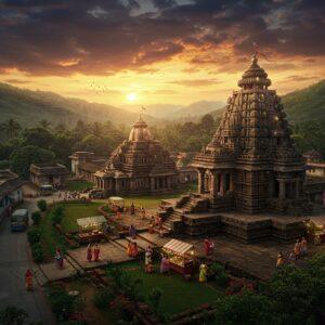 A serene aerial view of Chilkilgarh during golden sunset, featuring ancient stone temples with intricate Kalinga architecture in the foreground, surrounded by lush green Eastern Ghats mountains. The scene captures a traditional Odishan village with red-tiled houses nestled among palm trees. A winding road leads to the main temple complex, with a few colorfully painted local buses and auto-rickshaws visible. The sky features dramatic monsoon clouds in shades of orange and deep purple, with rays of sunlight breaking through. In the foreground, local villagers in traditional Odishan attire (women in colorful sarees with traditional silver jewelry) are walking along the temple pathways. Small tea stalls with glowing warm lights dot the scene, creating a welcoming atmosphere. The entire composition follows a Pattachitra-inspired art style with modern digital rendering, using rich colors like deep maroon, forest green, and warm gold. Ethereal light effects illuminate the temple spires, while intricate mandala patterns subtly overlay the sky, creating a mystical ambiance. Photorealistic style with enhanced magical lighting, 8k resolution, cinematic composition.