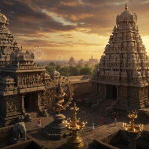 A majestic aerial view of the Brihadeeswara Temple at sunset, with its 216-foot-tall vimana casting long shadows across intricate mandapams. The temple's golden kalash glows brilliantly against a dramatic sky filled with warm oranges and deep purples. In the foreground, detailed stone sculptures of Nataraja in various dance poses come alive with dimensional lighting. The temple walls feature hyperdetailed Chola-era reliefs showing dancers, musicians, and royal scenes, with each carving enhanced by soft golden hour lighting. Multiple tiers of the temple are visible, showcasing the precise geometric patterns and architectural symmetry. Stone elephants guard the entrance, while intricate bronze lamps cast magical shadows. The scene incorporates floating translucent mandalas and mystical light particles, adding a spiritual dimension. The color palette focuses on rich granite greys, warm golden hues, and deep earth tones, with hints of traditional Chola bronze green patina. The scene combines photorealistic architectural details with ethereal lighting and mystical elements, rendered in a style merging traditional Indian art with modern digital aesthetics. 4K quality, cinematic composition, volumetric lighting --ar 16:9