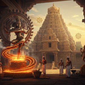 A majestic Chola-era bronze dancer in Nataraja pose, intricately detailed with traditional Tamil jewelry and flowing dhoti, emerging from molten bronze that swirls around her base. Behind her stands the magnificent Brihadeeswara Temple with its 216-foot vimana, rendered in warm golden-orange sunlight. The scene features master craftsmen in period-accurate clothing working on bronze sculptures using the lost-wax technique. The foreground showcases smaller bronze sculptures of various deities and dancing figures. The environment is rich with Tamil architectural elements - granite pillars with ornate carvings, stepped water tanks, and typical Chola-era gopuram designs. Soft ethereal light streams through temple windows, creating dramatic shadows. The color palette focuses on deep bronzes, warm golds, rich maroons, and weathered stone grays. The composition incorporates traditional Chola period patterns and motifs, with floating mandalas and lotus symbols in a modern minimalist style. The scene should have a photorealistic quality while maintaining a dreamlike, spiritual atmosphere with subtle smoke elements and light rays. The art style merges traditional South Indian artistic elements with contemporary digital art techniques.