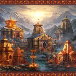 A majestic panoramic view of the Himalayas with four sacred temples harmoniously arranged in a divine mandala pattern - Badrinath temple with its distinctive red and gold shikhara, snow-capped peaks behind; Kedarnath temple surrounded by misty mountains and floating prayer bells; Gangotri temple beside crystal-clear flowing waters with sacred symbols; and Yamunotri temple amid rising steam from hot springs. Each temple glows with ethereal light in rich colors of saffron, deep maroon, and gold. Traditional Madhubani-style borders frame the scene, featuring intricate patterns of lotus flowers, Om symbols, and sacred geometry. Pilgrims in traditional Indian attire walking on mountain paths connecting the temples. Floating diyas, prayer flags, and flower petals create a magical atmosphere. Soft morning light bathes the scene, creating a dreamy, spiritual ambiance. The art style combines hyperrealistic architectural details with ethereal, surreal lighting and traditional Indian art elements. Deep perspective showing the grandeur of the Himalayan landscape with golden rays breaking through clouds.
