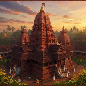 A majestic aerial view of Chottanikkara Temple during golden hour, with its traditional Kerala architecture featuring deep red tiles and golden temple spires against a mystical sky with soft pink and orange clouds. The temple's main sanctum radiates divine golden light. In the foreground, devotees in traditional Kerala attire (women in cream and gold kasavu sarees, men in white mundus) climb the temple steps. Intricate Madhubani-style patterns frame the scene, incorporating Kerala motifs like elephants and lotus flowers. The three forms of Goddess Rajarajeshwari are subtly suggested through three golden halos merging into one. Ethereal oil lamps float around the temple structure, their warm light creating a spiritual atmosphere. The surrounding sacred grove features blooming yellow Konna flowers. The scene captures both the architectural grandeur and spiritual essence, rendered in a style blending traditional Indian art with modern digital aesthetics, using a rich color palette of deep maroon, gold, and peacock blue, with intricate Kerala temple architectural details.