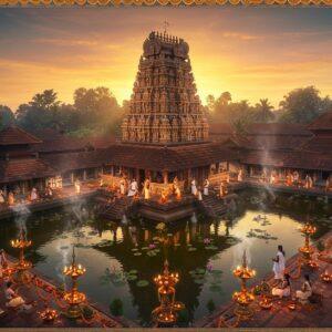 A majestic aerial view of Chottanikkara Temple during sunrise, with golden rays illuminating its traditional Kerala architectural style with copper-tiled roofs and intricate wooden carvings. The central shrine glows with a divine aura, featuring the three forms of Goddess Rajarajeshwari - Saraswati in morning, Lakshmi at noon, and Durga in evening, depicted through a subtle triple overlay effect. The temple pond reflects the structure like a mirror, with lotus flowers in bloom. Mystical smoke from temple lamps creates ethereal patterns in the air. In the foreground, devotees in traditional Kerala attire perform circumambulation. The scene is enhanced with floating diyas, vibrant marigold garlands, and peacocks in the temple courtyard. Intricate Madhubani-style patterns frame the scene, incorporating symbols of the goddess like conch, chakra, and lotus. The color palette features deep maroons, gold leaf effects, peacock blue, and saffron, with a soft ethereal glow pervading the entire composition. The art style merges photorealistic architecture with mystical Indian traditional art elements, creating a surreal yet authentic atmosphere.