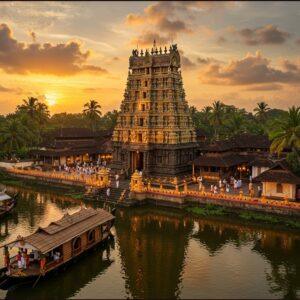 A majestic aerial view of Chottanikkara Temple at golden hour, with its traditional Kerala architecture featuring steep, tiered roofs adorned with intricate gold-plated details. The temple's main gopuram rises prominently, surrounded by lush coconut palms and tropical foliage in deep emerald greens. Sacred oil lamps illuminate the temple courtyard, creating a warm, golden glow. In the foreground, a series of traditional Kerala-style houseboats float on serene waters, decorated with traditional brass lamps and marigold garlands. The sky features soft, ethereal clouds in shades of saffron and pink, with subtle mandala patterns emerging from the sunset. Small groups of pilgrims in traditional Kerala attire (men in white mundus, women in Kerala sarees) walk along the temple pathways. The scene incorporates elements of Madhubani art in the border details, with peacocks and lotus motifs. The lighting should be dramatic yet spiritual, with god rays filtering through the clouds, creating a mystical atmosphere. The style should blend photorealistic architecture with ethereal, artistic elements in a modern digital art approach.