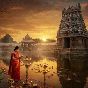 A majestic aerial view of Koniamman Temple during sunset, with its distinctive South Indian Dravidian architecture featuring ornate gopuram decorated with vibrant sculptures. The temple glows with warm golden light, surrounded by traditional brass oil lamps and floating lotus flowers. In the foreground, a devoted Indian woman in a red and gold silk saree performs aarti with a golden lamp, her face illuminated by its ethereal glow. The scene incorporates traditional Madhubani-style decorative patterns in the sky, with intricate mandalas and peacock motifs in deep maroon and saffron. The temple tank reflects the golden hour sky, creating a mirror-like effect. Smoke from camphor and incense creates a mystical atmosphere, with soft rays of light filtering through. The temple's stone sculptures of guardian deities are detailed with precise craftsmanship, while banana leaves and fresh flower garlands adorn the entrance. The overall composition combines photorealistic architecture with ethereal lighting and traditional Indian art elements, cinematic composition, atmospheric lighting, high detail, 8k resolution.