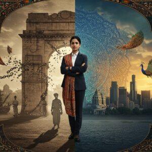 A dramatic scene depicting India's colonial past and present through a vertically split composition. On the left side, a weathered stone archway from British colonial architecture with chains breaking apart, while the right side shows modern Indian skyscrapers emerging from traditional temple spires. In the center, a young Indian woman in contemporary business attire stands confidently, half her shadow falling as a historical figure in traditional dress. Behind her, a large intricate mandala pattern transitions from muted sepia tones on the colonial side to vibrant peacock blues and royal golds on the modern side. Floating textile patterns of traditional Indian fabrics and British Victorian designs interweave across the scene. The lighting creates a dynamic contrast - harsh shadows on the colonial side versus warm, enlightened glow on the modern side. Intricate Madhubani patterns frame the entire scene, incorporating motifs of trade ships, railways, and modern technology. Hyper-realistic style with surreal elements, cinematic lighting, highly detailed, 8k resolution, architectural precision, atmospheric depth.