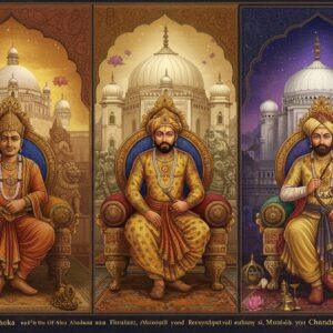 A grand triptych-style composition showing three majestic Indian emperors - Ashoka (Mauryan), Akbar (Mughal), and Chandragupta II (Gupta) - sitting on ornate thrones arranged in a triangular formation. Ashoka wears simple Buddhist-inspired robes with the Dharma Chakra behind him, surrounded by lion capitals and peacock motifs. Akbar adorns detailed Mughal attire with intricate Persian-influence patterns, backed by the Buland Darwaza and Islamic geometric designs. Chandragupta II appears in rich silk robes with Sanskrit inscriptions, accompanied by Gupta-era astronomical instruments and mathematical manuscripts. Each emperor's section features their dynasty's distinctive architecture, art styles, and cultural elements. The background transitions between Buddhist stupas, Indo-Islamic domes, and Hindu temples. A soft golden light bathes the scene, with floating lotuses and mandalas connecting the three sections. The art style combines traditional Madhubani patterns for borders, Mughal miniature painting techniques for details, and modern digital rendering for depth and luminosity. Rich jewel tones of royal blue, deep maroon, and burnished gold dominate, with hints of cosmic elements suggesting timelessness.