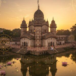 A majestic aerial view of Belur Math temple complex at golden hour, its iconic white and cream-colored architecture with Indo-European fusion style standing prominently against a warm sunset sky. The main temple dome reflects in the serene Hooghly River waters, creating a mirror-like effect. In the foreground, a young Indian spiritual seeker in modern clothes (white kurta) sits in meditation on the temple steps, surrounded by soft, glowing orbs of light. Traditional Madhubani-style patterns and mandalas float ethereally in the air around the temple, rendered in luminous gold and saffron hues. Intricate geometric patterns inspired by the temple's architecture form a subtle frame. The scene features mystical elements like translucent sacred threads and Sanskrit symbols flowing through the air, connecting the seeker to the temple. Photorealistic rendering with subtle spiritual elements, soft lighting effects, and a dreamy atmosphere. The composition includes delicate lotus flowers floating in the river, with their petals catching the golden light. Cinematic camera angle, tilt-shift effect, high-end digital art style with attention to architectural details.