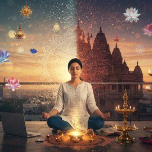 A serene young Indian woman in contemporary clothing (sleek white kurta, fitted jeans) sits in padmasana on a modern minimalist balcony during sunrise. Half of her surroundings reflect modern life (sleek furniture, laptop, smartphone), while the other half transforms into traditional elements (brass diyas, intricate mandala patterns, Sanskrit scriptures). A ethereal golden light emanates from her meditation space, creating a bridge between both worlds. Sacred geometry patterns float in the air, intertwining with modern digital circuit patterns. The scene features a gradient transition from modern chrome and glass aesthetics to traditional Madhubani art style with rich maroons and peacock blues. Floating lotus flowers, some digital and holographic, others traditional and hand-painted, surround her. The background shows a metropolitan skyline seamlessly blending into ancient temple architecture. The lighting is soft and mystical, with glowing orbs of light and subtle sparkles. Photorealistic digital art style with elements of traditional Indian art patterns.