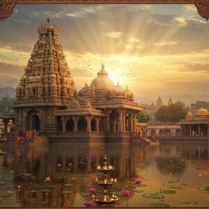 A majestic South Indian temple architecture mirroring Badrinath, set against a backdrop of urban Hyderabad skyline at golden hour. The temple features intricate Dravidian gopuram with detailed stone carvings, adorned with saffron and gold hues. Lord Vishnu as Badrinath sits in padmasana pose, four-armed, holding shankha (conch) in upper left hand, chakra (disc) in upper right hand, and padma (lotus) in lower left hand, while lower right hand is in abhaya mudra. He wears rich gold and red vastrams with detailed jewelry. The temple is surrounded by a serene water body reflecting the structure, with floating lotus flowers and traditional brass diyas. Ethereal light streams through clouds, creating divine rays. The foreground shows devotees in traditional South Indian attire performing pradakshina. Intricate Madhubani-style patterns frame the scene, incorporating both Himalayan and Deccan motifs. The art style combines hyperrealistic architectural details with mystical lighting effects, creating a seamless blend of North and South Indian temple aesthetics.