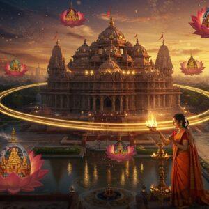 A majestic aerial view of Delhi's Akshardham Temple complex at golden hour, intricately detailed in traditional Madhubani art style with modern digital elements. The temple's ornate domes and spires emerge from a swirling mandala pattern of golden light. In the foreground, a young Indian woman in a flowing sunset-orange silk saree performs aarti with a brass lamp, creating divine light trails. The scene features floating lotus flowers, each containing miniature vignettes of different Delhi temples in Pattachitra style. Mystical peacock blue and deep maroon hues dominate the background, with delicate spiritual symbols and yantra patterns floating in the air. Soft glowing orbs of light illuminate the scene, while ethereal wisps of incense smoke form intricate patterns. The architectural details show meticulous craftsmanship with gold-leafed accents. The atmosphere combines both grandeur and serenity, with subtle reflections in a sacred water body below. Hyperrealistic rendering with surreal elements, emphasizing both traditional architecture and spiritual energy.