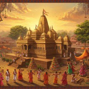 A magnificent aerial view of Deoghar at golden hour, centered on the ancient Baidyanath Temple complex with its intricate spires and domes in traditional Nagara architecture style. The temple radiates a divine golden aura, with detailed Madhubani-style patterns adorning its walls. In the foreground, a group of pilgrims in traditional Indian attire perform the sacred Kanwar Yatra, carrying decorated bamboo poles with Ganga water. The scene extends to showcase local artisans creating Babui grass crafts and traditional paintings. The landscape features sacred groves with ancient banyan trees, their aerial roots creating mystical patterns. The sky features soft, ethereal clouds in shades of saffron and deep blue, with floating lotus petals and spiritual symbols. The entire composition is framed by intricate mandala patterns in gold and peacock blue, incorporating elements of both Pattachitra and digital art. Small details include women in colorful sarees performing folk dances, sacred threads hanging from temple bells, and the warm glow of traditional oil lamps creating a serene atmosphere.