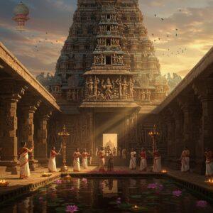 An ancient majestic South Indian temple structure with intricate Dravidian architecture, featuring a towering gopuram adorned with detailed sculptures of deities and warriors from the Mahabharata. The temple's main entrance showcases elaborate stone carvings of the Pandavas, with Yudhishthira (Dharmaraja) prominently featured in royal attire and crown. The foreground shows a serene courtyard with traditional deepa-stambhas (lamp posts) lit with golden flames. A group of devotees in traditional Karnataka attire performing ritual dance. The scene is illuminated by warm, mystical light streaming through ornate pillared corridors, creating dramatic shadows. The temple's reflection appears in a sacred pond adorned with floating lotus flowers. Mandala patterns and traditional Kannada architectural motifs are subtly integrated into the design. Art style combines hyperrealistic architectural details with ethereal lighting and a touch of magical realism. The color palette features deep maroons, rich golds, earthy browns, and vibrant saffron, with hints of peacock blue in the sky.