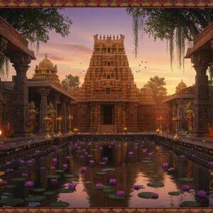 A majestic ancient South Indian temple with traditional Dravidian architecture, featuring intricate carved gopuram in gold and terracotta tones against a mystical dawn sky with soft purple and orange hues. The temple's reflection shimmers in a sacred pond adorned with blooming pink lotus flowers. Detailed stone sculptures of Pandava warriors in traditional armor line the temple walls, with Dharmaraja (Yudhishthira) as the central figure, depicted with a noble bearing and royal attributes. The foreground shows elaborately carved mandapa pillars with peacock motifs and geometric patterns, illuminated by warm golden light filtering through. Floating brass diyas and flower garlands add a spiritual ambiance. The scene incorporates Madhubani-style decorative elements in the borders with traditional patterns in deep maroon and peacock blue. The surrounding temple complex features banyan trees with hanging roots, creating a mystical atmosphere enhanced by soft, glowing orbs of light. Hyperrealistic digital art style with rich textures and atmospheric lighting, maintaining cultural authenticity while achieving a contemporary aesthetic appeal.