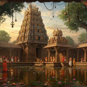 A majestic ancient South Indian temple complex with intricate Dravidian architecture, featuring a towering gopuram adorned with detailed sculptures in gold and terracotta tones. The main temple structure dedicated to Dharmaraya (Yudhishthira) stands prominently in the center, with traditional Karnataka-style architectural elements. In the foreground, a beautifully lit temple pond reflects the golden hour sky, with floating lotus flowers and diyas. Local devotees in traditional Karnataka attire perform cultural rituals. The scene includes detailed Madhubani-style border patterns showcasing scenes from Mahabharata, particularly focusing on the Pandavas. The lighting creates a mystical atmosphere with warm golden rays filtering through ornate pillars, highlighting the ancient stone carvings and sculptures. The background features banyan trees with hanging roots adorned with traditional brass bells. Intricate rangoli patterns in vibrant colors decorate the temple courtyard. The art style combines photorealistic architectural details with ethereal lighting and traditional Indian art elements, creating a seamless blend of historical accuracy and spiritual ambiance.