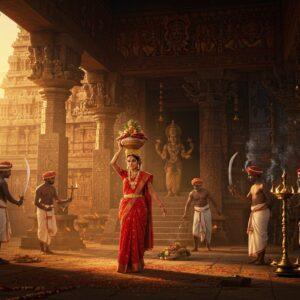 A majestic ancient South Indian temple architecture with distinctive Dravidian style, illuminated by warm golden light at dawn. The temple's gopuram features intricate carvings of the Pandavas, particularly Yudhishthira (Dharmaraja). In the foreground, a woman draped in a red silk saree adorned with gold jewelry performs the sacred Karaga ritual, balancing an ornate floral pyramid pot on her head surrounded by a divine aura. Around her, male warriors (veerakumaras) in traditional white dhotis and red turbans perform ritualistic sword dances. The scene is enhanced with floating marigold garlands, burning camphor, and sacred fire. Ethereal streams of light in shades of saffron and gold filter through the temple columns. The background showcases detailed Madhubani-style artwork depicting scenes from Mahabharata, particularly focusing on Draupadi. The atmosphere is mystical with trails of incense smoke forming intricate patterns in the air. The color palette focuses on deep maroons, rich golds, and sacred saffron hues, with accents of peacock blue in the traditional South Indian temple paintings visible on the walls.