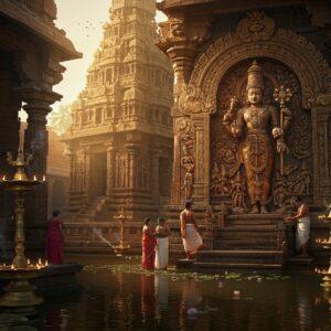 A majestic ancient South Indian temple architecture with soaring gopuram decorated with intricate Dravidian carvings, dominated by warm golden sunlight. The main shrine features Lord Dharmaraya (Yudhishthira) standing regally in traditional royal attire with a crown, holding a dharma chakra in his right hand and a lotus in his left. Around him are detailed stone reliefs depicting scenes from Mahabharata in Madhubani art style. The foreground shows a beautiful temple tank with floating lotus flowers and reflection of the gopuram. Devotees in traditional Indian attire performing pradakshina around the temple. The scene includes traditional brass temple lamps with glowing flames, smoke from burning incense creating mystical patterns in the air. The color palette includes deep maroons, burnished gold, and peacock blue, with intricate mandala patterns adorning the temple walls. The entire scene is bathed in an ethereal morning light with sun rays filtering through ornate temple pillars, creating dramatic shadows and highlighting the ancient stone architecture.