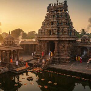 A majestic aerial view of Dharmaraya Swamy Temple during golden hour, with its distinctive Dravidian architecture featuring stepped pyramid-style vimana glowing in warm sunlight. The temple courtyard shows devotees in traditional Indian attire performing pradakshina. Intricate stone carvings of the Pandavas and scenes from Mahabharata adorning the temple walls, rendered in rich detail. The foreground features a serene lotus pond reflecting the temple's image, with floating diyas and marigold flowers. Sacred temple elephants decorated with traditional ornaments standing near the entrance. The atmosphere is enhanced by swirling incense smoke creating mystical patterns in the air, while rays of light filter through ornate pillars creating dramatic shadows. The color palette includes deep maroons, burnt orange, gold, and peacock blue, with Madhubani-style decorative patterns integrated into the temple's architectural elements. The scene is captured in a cinematic composition with atmospheric lighting and subtle divine aura surrounding the temple spire, showcasing both its architectural grandeur and spiritual significance.
