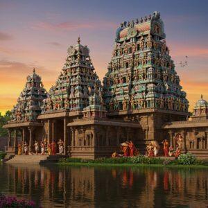 A grand Dravidian temple complex rising majestically against a vibrant sunset sky, with towering gopurams adorned in intricate, colorful sculptures of Hindu deities. The foreground features a serene water body reflecting the temple's ornate architecture. Elaborate stone carvings of dancers, musicians, and mythological scenes cover the temple walls. A group of devotees in traditional South Indian attire perform a ritual near the temple entrance. Surrounding the temple are lush tropical gardens with flowering trees and sculpted shrubs. The scene is rendered in a style blending hyper-realistic digital art with elements of traditional Indian miniature painting, emphasizing rich, deep colors like gold, saffron, and peacock blue. Soft, ethereal lighting highlights the intricate details of the architecture, creating a sense of timeless beauty and spiritual significance.