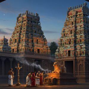 A majestic Dravidian temple with towering gopurams adorned in intricate, colorful carvings of Hindu deities and mythological scenes. The gopurams are illuminated by a warm, golden light, creating a mesmerizing glow against a deep blue twilight sky. In the foreground, a group of devout worshippers in traditional South Indian attire perform a sacred ritual, offering flowers and lamps to a beautifully decorated stone Nandi. The scene is framed by ornate stone pillars with delicate mandala patterns. Smoke from incense curls upwards, creating ethereal patterns in the air. The overall atmosphere is one of reverence and spirituality, with a subtle blend of ancient tradition and timeless beauty. The art style combines the richness of Thanjavur paintings with modern digital techniques, featuring deep, jewel-toned colors and intricate golden details that seem to shimmer with an inner light.