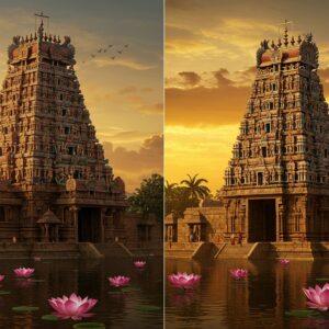 A split-screen composition showcasing two grand temple complexes side by side. On the left, a majestic Dravidian-style temple with its characteristic pyramid-shaped vimana, adorned with intricate carvings and colorful sculptures of deities. The gopuram is tall and ornate, with multiple tiers decorated with vibrant statues. On the right, an equally impressive Nagara-style temple with its curvilinear shikhara, adorned with elaborate stonework and a distinctive amalaka at the top. Both temples are set against a backdrop of a golden sunset sky, with soft clouds in hues of saffron and pink. In the foreground, stylized lotus flowers float on a tranquil water surface, reflecting the temples. The scene is rendered in a fusion of traditional Indian art styles and modern digital aesthetics, with rich, deep colors like gold, maroon, and peacock blue. Intricate patterns and cultural motifs are woven throughout the image, creating a harmonious blend of architectural detail and artistic interpretation. The lighting is warm and ethereal, emphasizing the spiritual and historical significance of both architectural styles.