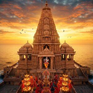A majestic aerial view of Dwarkadhish Temple at sunset, its intricate 72-meter high shikhara tower rising dramatically against a golden-orange sky with hints of deep blue. The temple's sandstone architecture detailed with ornate Chalukyan-style carvings and sculptures glows in warm light. Lord Krishna as Dwarkadhish stands in the center, depicted in his characteristic tribhanga pose, wearing pitambara dhoti, adorned with peacock feathers, playing his flute, with his four arms holding the conch, lotus, mace, and chakra. The Arabian Sea surrounds three sides of the temple, with gentle waves reflecting the sunset's colors. Mystical elements include floating lotus petals, glowing mandalas, and ethereal light streams. The scene incorporates traditional Gujarati architectural motifs, with detailed jharokhas and intricate geometric patterns. The foreground features devotees in traditional Gujarati attire performing aarti with brass lamps, creating a warm, spiritual atmosphere. Art style combines photorealistic architecture with ethereal, mystical elements, rendered in rich golds, deep blues, and warm saffron tones, emphasizing both grandeur and spirituality.