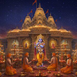 A majestic nighttime scene of Dwarkadhish Temple illuminated by hundreds of golden oil lamps and diyas, their flames creating a warm ethereal glow. In the foreground, seven traditionally dressed priests performing aarti with large decorative brass thalis adorned with peacock feathers and flower garlands. Lord Krishna in his Dwarkadhish form stands regally in the center, adorned in rich yellow pitambara, precious jewels, and a magnificent crown with peacock feather. The temple's intricate carved spires rise against a deep indigo sky filled with twinkling stars. Lotus petals and flower garlands float in the air. The scene captures both movement and serenity with swirling incense smoke creating mystical patterns. The lighting emphasizes dramatic shadows and golden highlights, while maintaining a dreamlike, spiritual atmosphere. The architectural details blend traditional Gujarati temple style with modern digital art techniques, featuring ornate mandala patterns and geometric designs. The color palette focuses on deep blues, rich golds, saffron, and subtle purples.