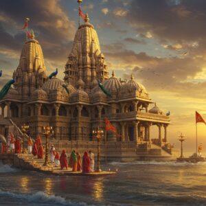 An ethereal view of the majestic Dwarkadhish Temple at sunset, its ornate shikhara rising 78.3 meters high against a dramatic sky filled with soft golden clouds and gentle ocean mists. The temple's limestone architecture detailed in intricate Chalukyan style, with its distinctive 72 pillars visible through elegant arches. The Arabian Sea waves gently lap at the temple's base, creating mystical reflections in the water. In the foreground, devotees in traditional Gujarati attire walking towards the temple on a path lined with carved stone elephants and glowing brass diyas. Multiple brass bells hanging from ornate chains catch the golden light. Lord Krishna's flag (Dhwaja) flutters atop the temple in the sea breeze. The scene combines photorealistic architectural details with magical lighting effects, soft glowing halos around the temple spires, and subtle mandala patterns in the sky. Peacocks perch on the temple walls, adding spots of iridescent blue. The color palette features deep sapphire blues, warm golds, sandstone yellows, and touches of sacred saffron, rendered in a style merging traditional Indian miniature painting with modern digital art techniques.