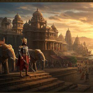 A majestic Indian palace complex in Vengi architectural style with soaring spires and intricate stone carvings, illuminated by warm golden sunset light. In the foreground, a powerful Eastern Chalukya warrior-king stands regally on ornate palace steps, wearing elaborate gold-accented armor and crown, holding a gleaming sword. He's flanked by two expertly detailed stone elephants with ceremonial decorations. Behind him, the scene transitions through time using ethereal mist effects - showing the kingdom's glory with bustling marketplaces, temples, and naval ships in the distance, then fading into weathered ruins. The color palette features rich royal blues, burnished golds, and deep crimsons. Artistic style combines hyperrealistic medieval Indian architecture with ethereal lighting and magical realism. Fine details include period-accurate weapons, jewelry, and clothing patterns based on Chalukyan artifacts. The composition creates a dramatic sense of rise and fall through diagonal lines and contrasting light. Madhubani-style decorative patterns frame the edges with traditional motifs of peacocks, lotuses, and geometric designs in gold.