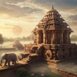A majestic aerial view of the Sun Temple at Konark emerging from mystical golden mist, its massive chariot wheels intricately carved with Madhubani-style patterns, rendered in deep saffron and burnished gold. The temple's towering shikhara reflects warm dawn light, with celestial apsaras and traditional Odishi dancers gracefully posed on its tiers. In the foreground, a detailed stone elephant sculpture adorned with jewels and traditional Eastern Ganga patterns leads to the temple. The surrounding landscape features blooming lotus ponds and ancient banyan trees with glowing orbs of spiritual energy floating between their roots. The scene is enhanced with swirling mandalas in peacock blue and maroon floating in the air, merging traditional Pattachitra art style with modern digital elements. Photorealistic texturing on the ancient stones, with subtle glowing Sanskrit inscriptions. The atmosphere is ethereal with rays of light piercing through clouds, creating a divine ambiance. 4K digital art, cinematic lighting, architectural photography style, hyper-detailed stone textures.
