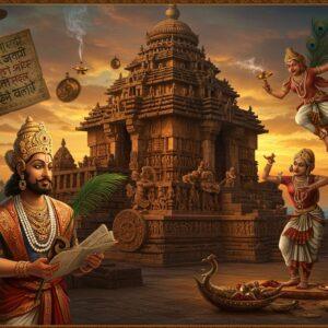 A majestic scene of the Konark Sun Temple at sunset, with intricate stone carvings illuminated in golden light. In the foreground, a noble Eastern Ganga king in elaborate royal attire with pearl necklaces and golden crown stands proudly, holding ancient palm leaf manuscripts. Behind him, detailed traditional Odishi dancers in jewel-toned costumes perform against a backdrop of massive temple architecture. The scene includes finely carved temple wheels, prancing stone horses, and detailed maritime motifs representing their naval power. Floating elements include Sanskrit inscriptions on copper plates, traditional Odishan jewelry, and maritime trade vessels on the horizon. Art style combines hyperrealistic architectural details with ethereal lighting, incorporating traditional Pattachitra patterns in the borders. The color palette features deep maroons, ocean blues, burnished gold, and warm sandstone hues. Artistic elements include swirling incense smoke, peacock feathers, and lotus motifs integrated into the temple architecture. The lighting creates a dramatic interplay of light and shadow on the carved surfaces.