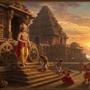 A majestic Indian king from the Eastern Ganga Dynasty stands atop the grand steps of the Sun Temple at Konark, wearing elaborate royal attire with gold embellishments and precious gems. He wears a distinctive tall crown adorned with peacock feathers and rubies. The temple's massive stone chariot wheels are visible in the background, with intricate carvings catching golden sunlight. To his right, skilled artisans work on temple sculptures, while to his left, naval traders dock ships laden with spices and silk at the ancient Kalinga port. The scene features rich, deep colors - royal blues, burnt orange, and gold. The sky shows a dramatic sunrise with spiritual mandala patterns emerging from the sun's rays. In the foreground, traditional Odishi dancers perform in classical poses, their jewelry glinting in the light. The scene incorporates Pattachitra art style elements in the borders and details, with traditional motifs of waves representing maritime trade. The atmosphere is regal and magnificent, with floating lotus petals and subtle divine light adding a mystical quality. The architecture should be historically accurate to the Kalinga style, featuring the distinctive curved towers and sculptural details.