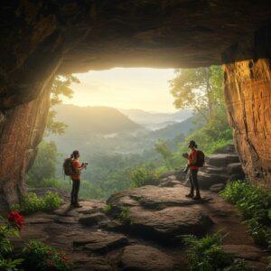 An ancient stone cave entrance nestled in lush Western Ghats mountains, illuminated by golden morning sunlight streaming through gaps. Detailed neolithic petroglyphs and cave art visible on weathered rock walls, featuring intricate tribal figures, ancient weapons, and mystical symbols in deep ochre and terracotta colors. A modern Indian couple in hiking gear (earth-toned clothing) exploring the cave, with the woman pointing at the ancient art while holding a professional camera. The scene is filled with morning mist, creating a mystical atmosphere. Foreground shows natural stone steps leading up to the cave, with endemic flora of Wayanad including bright red Hibiscus flowers and green ferns growing between rocks. Background reveals a sweeping valley view with layers of misty mountains. Art style combines hyperrealistic digital photography with ethereal lighting and subtle Madhubani-inspired patterns in the rock textures. The lighting is dramatic with sun rays creating natural spotlights on the petroglyphs. 8K resolution, cinematic composition, depth of field focus on cave entrance.