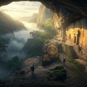 A mystical aerial view of the ancient Edakkal Caves nestled in the lush Western Ghats of Kerala, with dramatic morning mist swirling around the mountain peaks. In the foreground, intricate Neolithic petroglyphs and cave art are illuminated by soft, golden sunlight streaming through natural rock formations, rendered in the style of traditional Pattachitra art with modern digital enhancement. The scene features rich earth tones - deep browns, forest greens, and warm ochres. Ancient stone steps carved into the mountainside lead up to the cave entrance, where two modern Indian hikers (one male, one female) in outdoor gear stand in awe, their silhouettes framed by the cave's mouth. Scattered throughout the scene are detailed representations of actual Edakkal cave artwork - human figures, ancient weapons, and geometric patterns - etched in glowing golden lines. The composition includes delicate mandala patterns in the clouds and mist, while maintaining archaeological accuracy. The lighting is dramatic with rays of sunlight creating a ethereal atmosphere, rendered in a hyperrealistic style with fantasy elements.