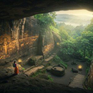 A majestic aerial view of the Edakkal Caves nestled in the lush Wayanad hills, with ancient Neolithic petroglyphs glowing in ethereal golden light against the dark cave walls. In the foreground, an elegantly dressed Indian woman in a modern hiking outfit with traditional Kerala jewelry guides visitors up the stone steps. The scene features intricate Madhubani-style borders with prehistoric motifs, including the distinctive human figures, ancient scripts, and wildlife from the original cave art. Rays of sunlight pierce through the cave's natural formation, creating a mystical atmosphere. The surrounding landscape shows the Western Ghats in rich emerald greens, with morning mist creating a dreamlike quality. The color palette combines deep forest greens, earthen browns, and golden sunlight, with subtle integration of traditional Kerala mural art patterns. The composition maintains archaeological accuracy while incorporating surreal, spiritual elements like floating mandalas and subtle energy lines connecting the petroglyphs. Hyperrealistic digital art style with photographic details of the rock textures and natural lighting.