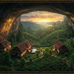 A majestic aerial view of ancient Edakkal Caves nestled in the emerald-green Wayanad hills, with intricate neolithic petroglyphs glowing in golden light against dark rock walls. The cave entrance frames a breathtaking sunset vista of misty mountains and tea plantations below. In the foreground, a beautifully detailed traditional Kerala-style resort with sloping tiled roofs and wooden architecture blends harmoniously with the landscape. Surrounding the resort are spice gardens with cardamom and pepper vines, coffee plantations, and bamboo forests. Small waterfalls cascade nearby, their spray creating rainbow prisms in the warm evening light. The scene incorporates Madhubani-style decorative borders with tribal motifs echoing the cave art. The color palette features deep forest greens, earthy browns, sunset oranges, and touches of gold. The lighting is dramatic and mystical, with rays of sunlight filtering through clouds, creating an ethereal atmosphere. Rendered in a modern digital art style that combines photorealism with subtle fantasy elements, emphasizing the magical connection between ancient history and natural beauty.