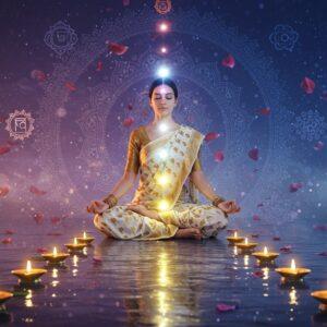 A serene Indian woman in a flowing white and gold silk saree meditating in padmasana pose, floating above a reflective pool of crystal-clear water. Her eyes are peacefully closed, surrounded by a soft, ethereal golden aura. Multiple illuminated chakra points align vertically along her body, each glowing with their respective colors. Around her, concentric circles of intricate Madhubani-style mandalas float and rotate slowly, getting progressively larger. The background features a gradient of deep indigo to soft lavender, with gentle streams of light particles and floating lotus petals. Small golden sacred geometry patterns are subtly woven throughout the scene. In the foreground, brass diyas with gentle flames create a path leading to the meditating figure. The overall composition has a dreamy, supernatural quality with modern digital art techniques, enhanced by soft volumetric lighting and a mystical atmosphere. The scene incorporates both traditional Indian spiritual elements and contemporary aesthetic sensibilities, creating a bridge between ancient wisdom and modern spirituality.