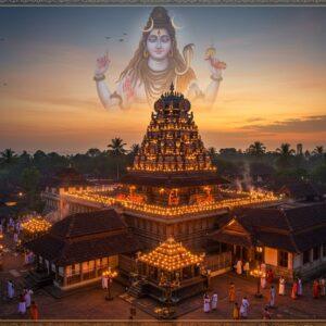 A majestic aerial view of Ernakulam Shiva Temple during sunset, with its traditional Kerala-style architecture featuring copper-plated roofs and white-washed walls, surrounded by coconut palms. The main shrine glows with warm golden light from countless oil lamps. Lord Shiva's ethereal form appears as a translucent overlay above the temple - depicted in his peaceful meditation pose, with crescent moon on his matted locks, river Ganga flowing, third eye prominent, wearing a tiger skin, sacred thread, and rudraksha beads, holding a trident in one hand and damaru in another. Intricate Madhubani-style patterns in gold and deep blue frame the scene. The foreground shows devotees performing pradakshina around the temple, their traditional Kerala attire flowing gracefully. Soft rays of light filter through incense smoke, creating a mystical atmosphere. The scene combines hyperrealistic architectural details with ethereal spiritual elements, rendered in rich colors of deep maroon, gold, and peacock blue, with hints of emerald green from the surrounding foliage. The lighting creates a divine glow that emphasizes the temple's spiritual significance.