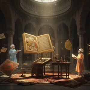 A majestic Indian library interior with soaring Indo-Islamic architecture, featuring intricately carved marble jalis casting geometric shadows. In the foreground, ancient palm leaf manuscripts and detailed Mughal miniature paintings float gracefully, emanating a soft golden glow. A beautifully illustrated Padshahnama opens in mid-air, its pages turning ethereally. The scene is illuminated by traditional brass oil lamps and streams of light filtering through the ornate domed ceiling. Richly detailed Persian carpets with traditional patterns hover above an antique wooden study table adorned with copper instruments, astronomical tools, and unfurled scrolls. Ghostly figures of medieval scholars in period-accurate clothing (flowing robes, turbans) appear translucent and ethereal, studying and writing. The color palette features deep royal blues, burnt orange, gold leaf accents, and warm browns. The scene combines Mughal, Rajput, and Delhi Sultanate architectural elements with magical realism. Madhubani-style decorative borders frame the scene, while a subtle mandala pattern radiates from the center. The lighting is dramatic and mystical, with dust motes sparkling in the air. Photorealistic rendering with fantasy elements, cinematic composition, highly detailed.