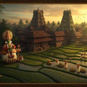 A majestic aerial view of Ettumanoor temple complex at golden hour, with its distinctive Kerala-style architecture featuring copper-plated roofs and intricate wooden carvings. In the foreground, a beautifully detailed Kathakali performer in vibrant green and red attire performs mudras against a backdrop of traditional temple murals depicting scenes from Krishna leela. The scene transitions into surrounding lush paddy fields where women in cream and gold Kerala kasavu sarees harvest rice. Traditional Kerala oil lamps (nilavilakku) illuminate the corners, casting a warm glow. Intricate Madhubani-style border patterns frame the scene, incorporating Malayalam architectural motifs and temple elephants. The lighting is ethereal with soft golden rays filtering through coconut palms, creating a mystical atmosphere. The color palette features deep greens, burnished golds, rich reds, and peaceful blues. Style combines hyperrealistic digital art with traditional Kerala mural painting techniques, featuring intricate details and surreal, dreamy lighting effects.